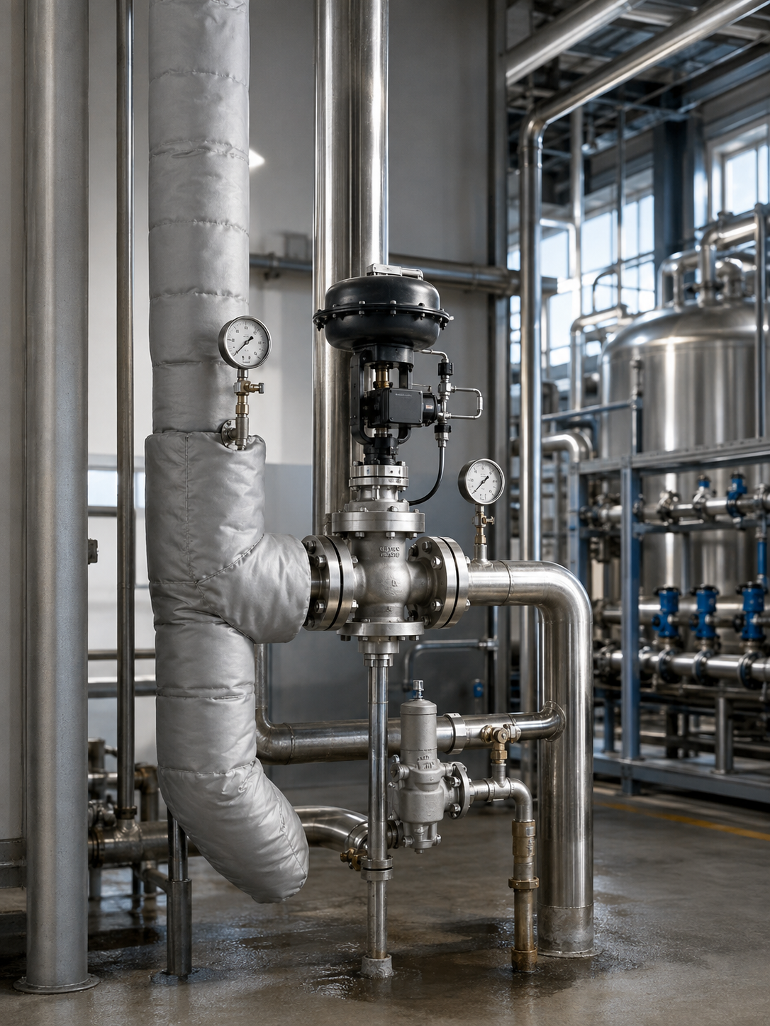 Steam-to-water heating circuit with control valve and condensate return